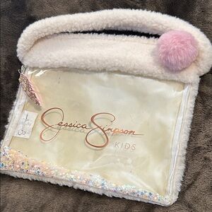 Jessica Simpson Kids Furry Cream Bag with Pink Pom-Pom